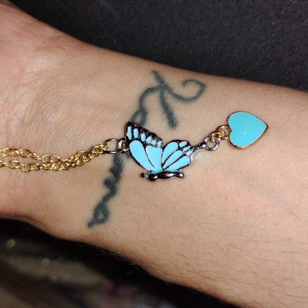 Gold and Blue Butterfly Heart Pendant Necklace